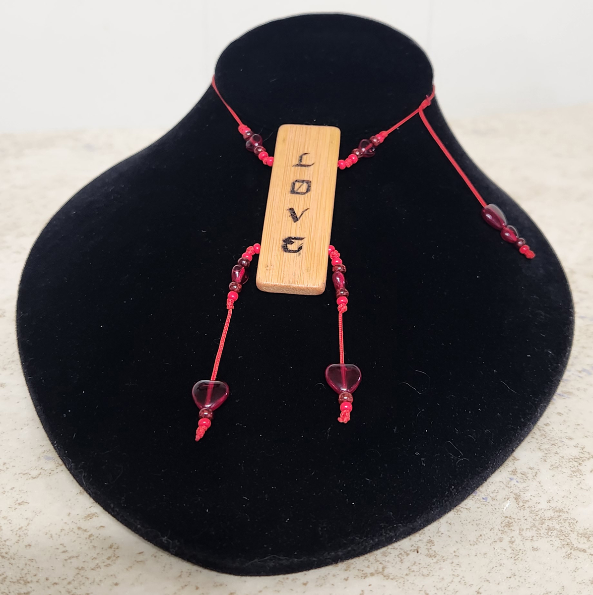 (image for) LOVE Bamboo Inspirational Necklace - Red Glass Hearts Red Cord