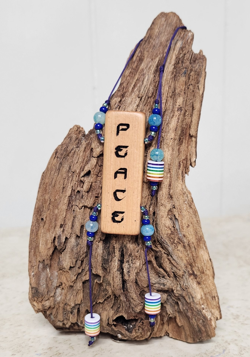 (image for) PEACE Inspirational Word Necklace - Blue Painted Glass Beads, Purple Cord